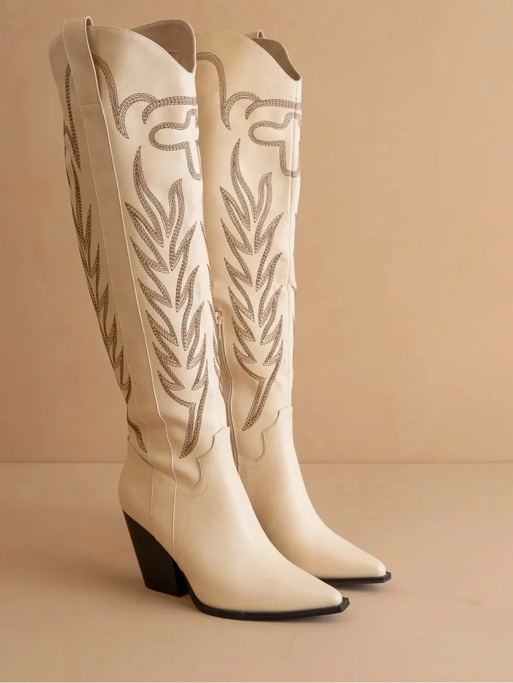 OASIS SOCIETY Women's Cream Embroidered Western Knee-High Boots